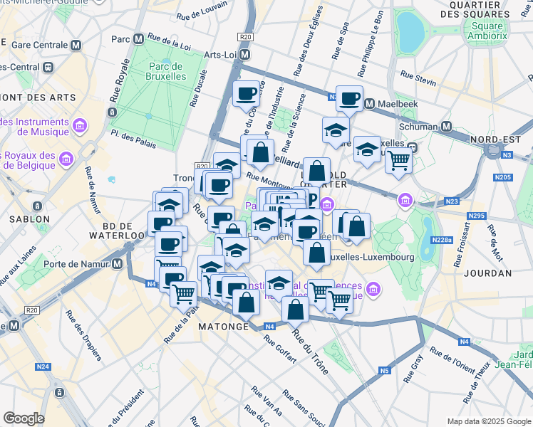 map of restaurants, bars, coffee shops, grocery stores, and more near 23 Square de Meeûs in Brussels