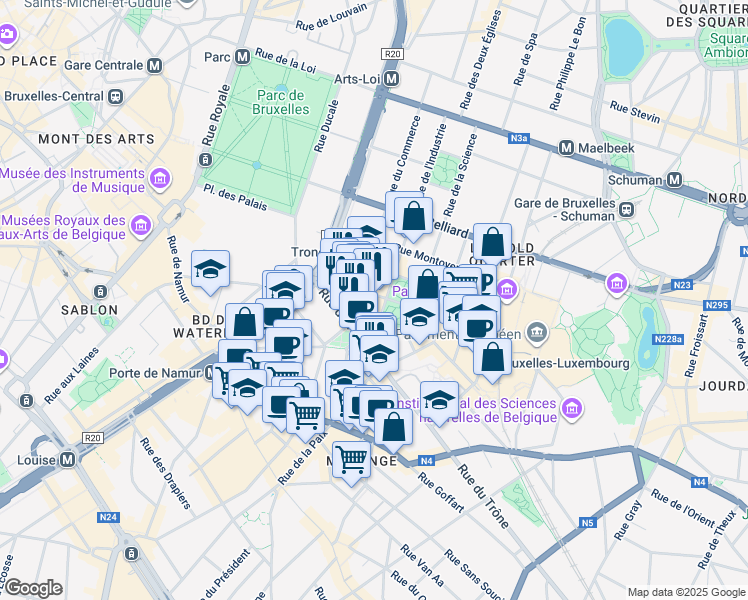 map of restaurants, bars, coffee shops, grocery stores, and more near 23 Rue du Luxembourg in City of Brussels