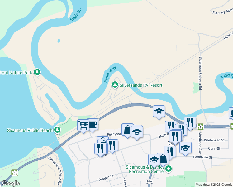 map of restaurants, bars, coffee shops, grocery stores, and more near 1383 Silver Sands Road in Sicamous