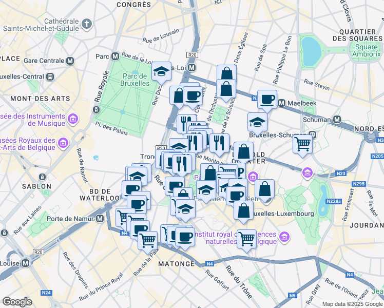map of restaurants, bars, coffee shops, grocery stores, and more near 21 Montoyerstraat in Brussel