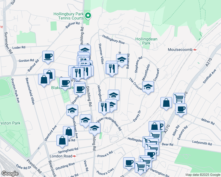 map of restaurants, bars, coffee shops, grocery stores, and more near 70 Hollingdean Terrace in Brighton and Hove
