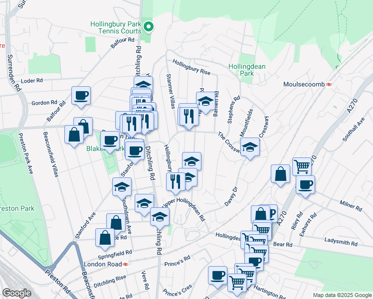 map of restaurants, bars, coffee shops, grocery stores, and more near 70 Hollingdean Terrace in Brighton