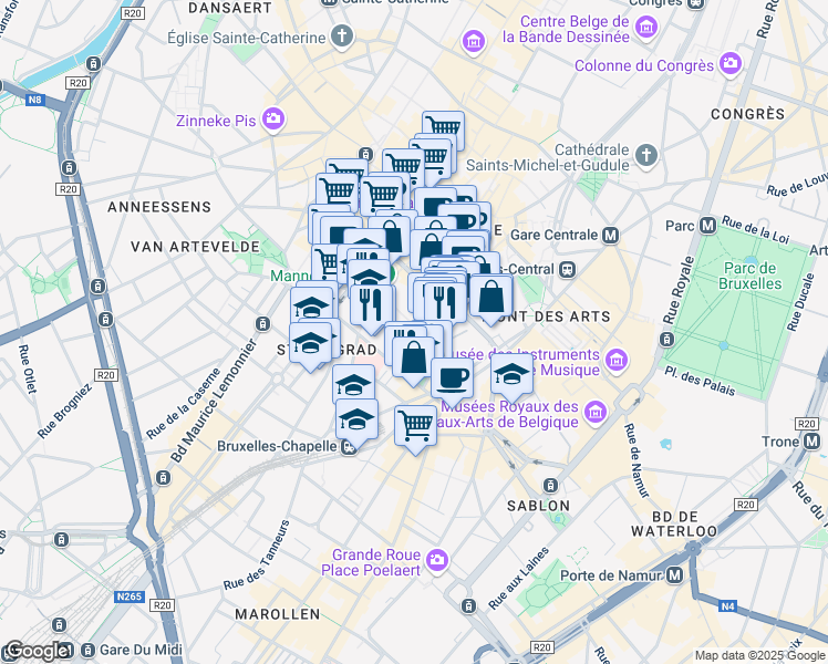 map of restaurants, bars, coffee shops, grocery stores, and more near 5 Rue de Villers in Bruxelles