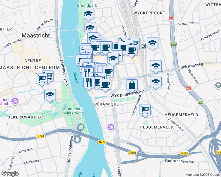 map of restaurants, bars, coffee shops, grocery stores, and more near 22C Avenue Ceramique in Maastricht