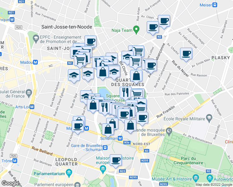 map of restaurants, bars, coffee shops, grocery stores, and more near 4 Avenue Palmerston in City of Brussels