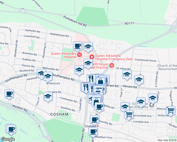 map of restaurants, bars, coffee shops, grocery stores, and more near Lister Road in Portsmouth