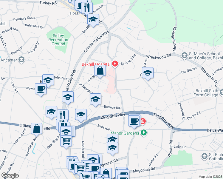 map of restaurants, bars, coffee shops, grocery stores, and more near Hollier's Hill in Bexhill