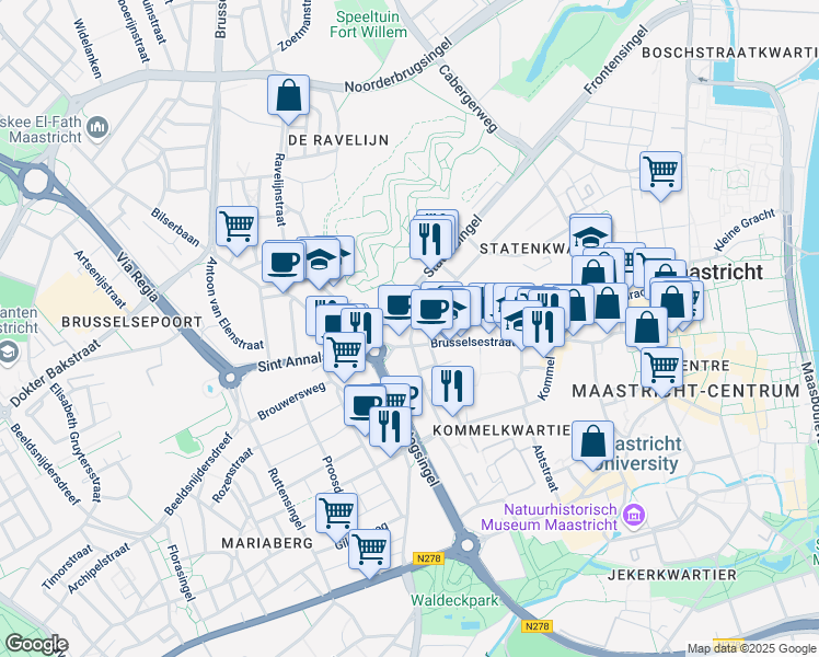 map of restaurants, bars, coffee shops, grocery stores, and more near 186 Herbenusstraat in Maastricht