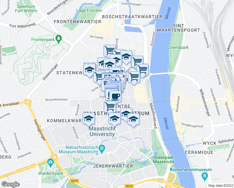map of restaurants, bars, coffee shops, grocery stores, and more near 1 Dominicanerkerkstraat in Maastricht