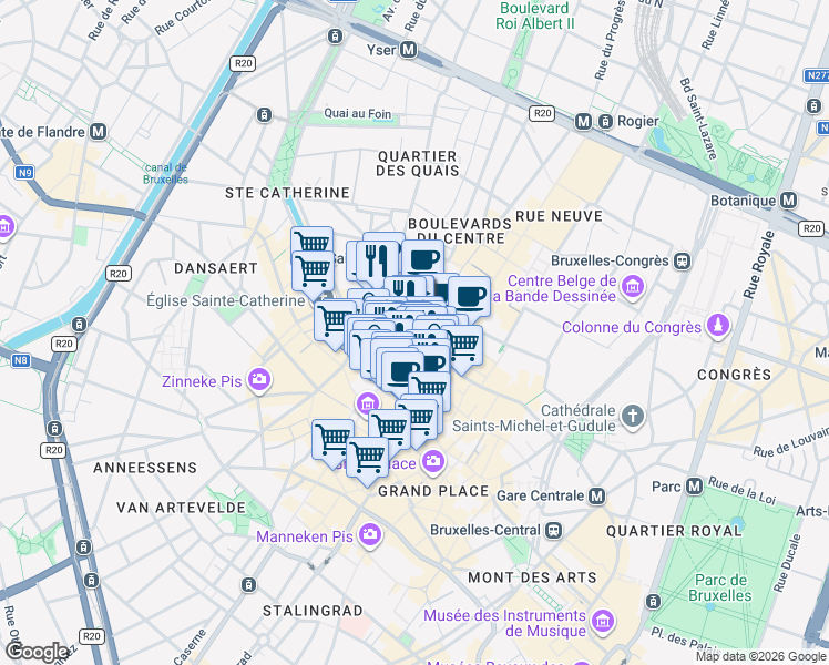 map of restaurants, bars, coffee shops, grocery stores, and more near in Brussels