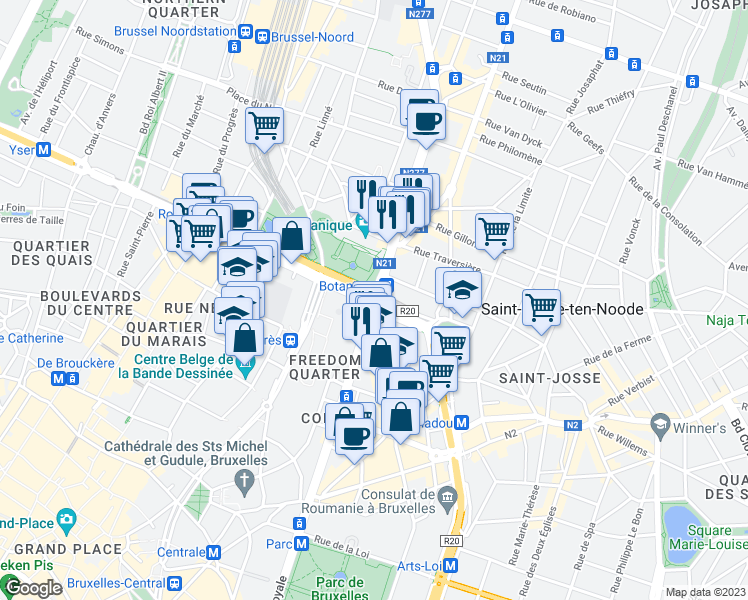 map of restaurants, bars, coffee shops, grocery stores, and more near Kruidtuinlaan in Brussel