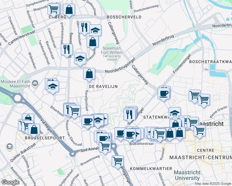 map of restaurants, bars, coffee shops, grocery stores, and more near Hoge Frontenpad in Maastricht
