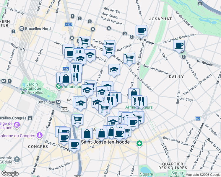 map of restaurants, bars, coffee shops, grocery stores, and more near 1 Rue des Coteaux in Saint-Josse-ten-Noode