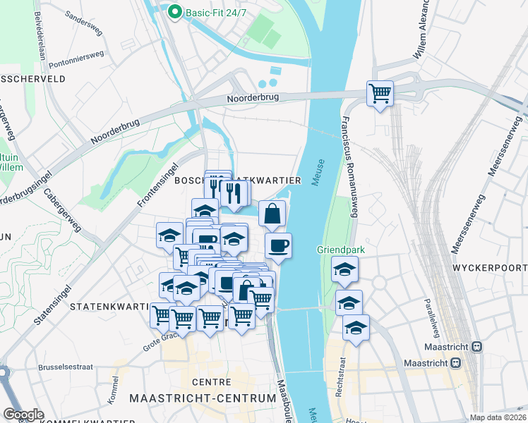 map of restaurants, bars, coffee shops, grocery stores, and more near 2 Maasmolendijk in Maastricht