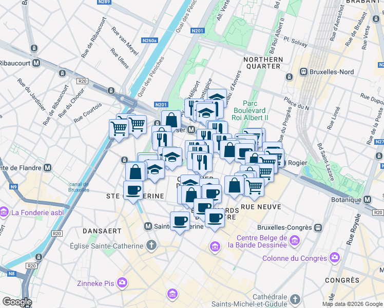 map of restaurants, bars, coffee shops, grocery stores, and more near 9 Rue Van Gaver in Bruxelles