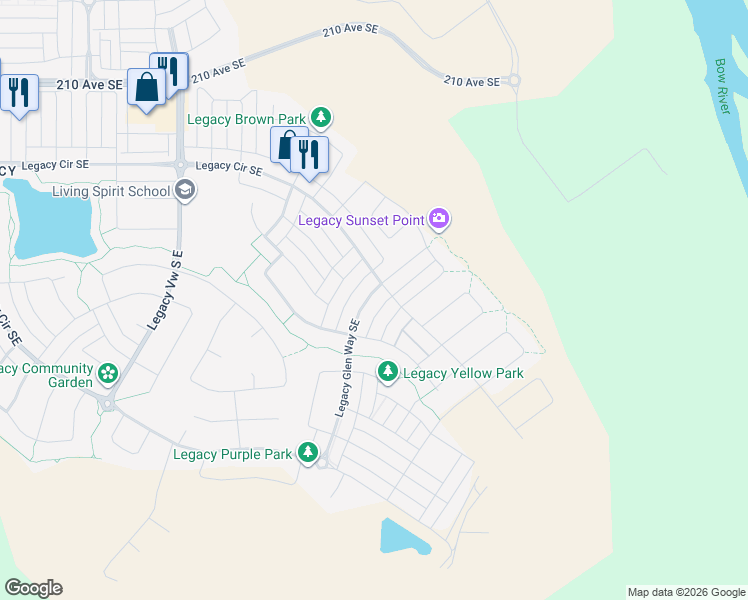 map of restaurants, bars, coffee shops, grocery stores, and more near 29 Legacy Glen Way Southeast in Calgary