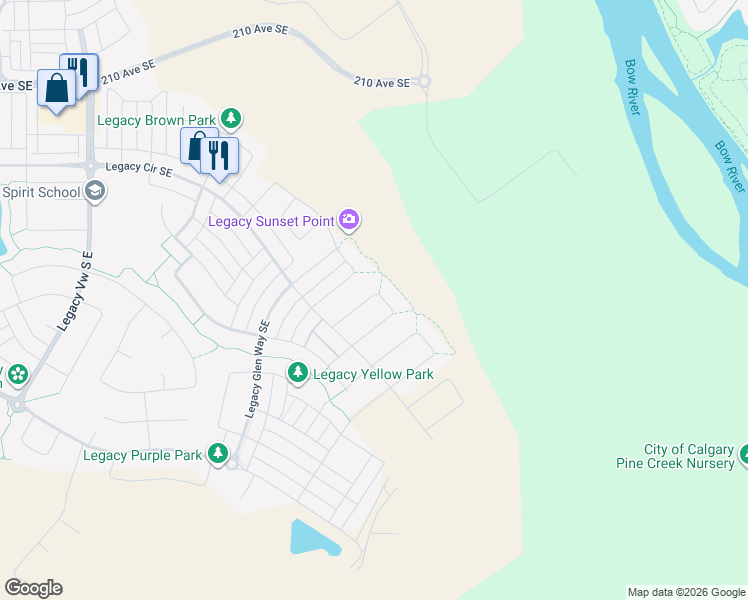 map of restaurants, bars, coffee shops, grocery stores, and more near 29 Legacy Glen Way SE in Calgary