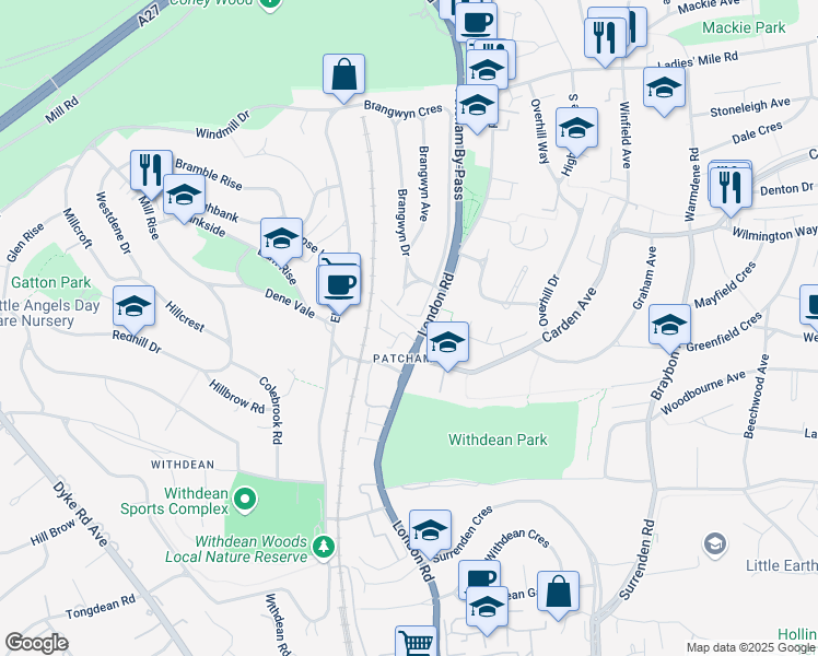 map of restaurants, bars, coffee shops, grocery stores, and more near 12 London Road in Brighton and Hove