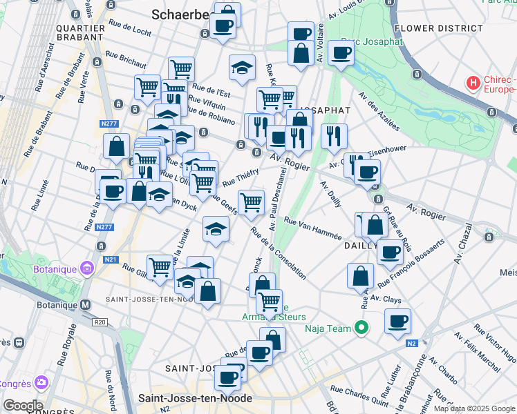 map of restaurants, bars, coffee shops, grocery stores, and more near 20 Rue Roelandts in Schaerbeek