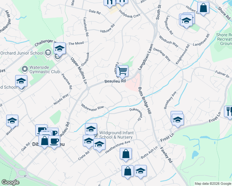 map of restaurants, bars, coffee shops, grocery stores, and more near Highlands Way in Dibden Purlieu