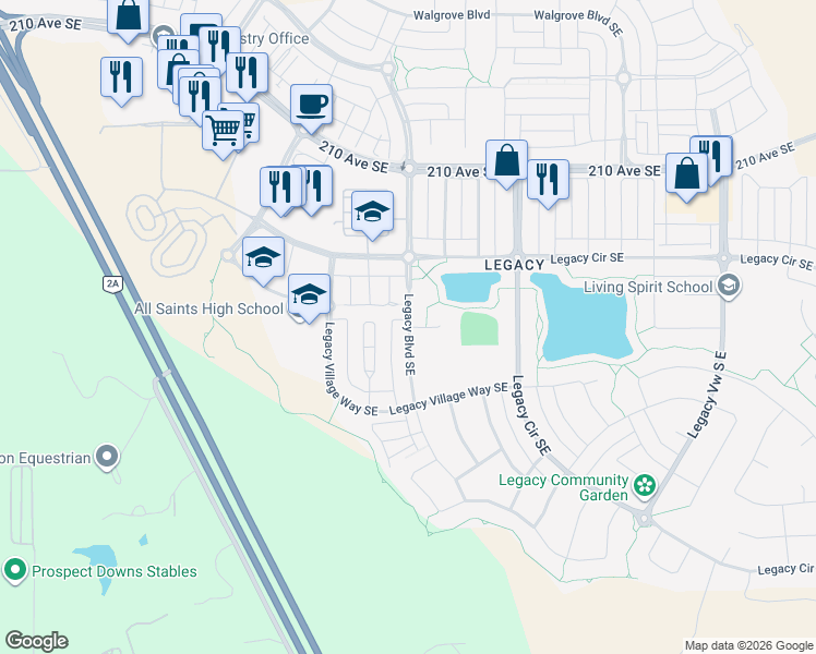 map of restaurants, bars, coffee shops, grocery stores, and more near 136 Legacy Cove Southeast in Calgary