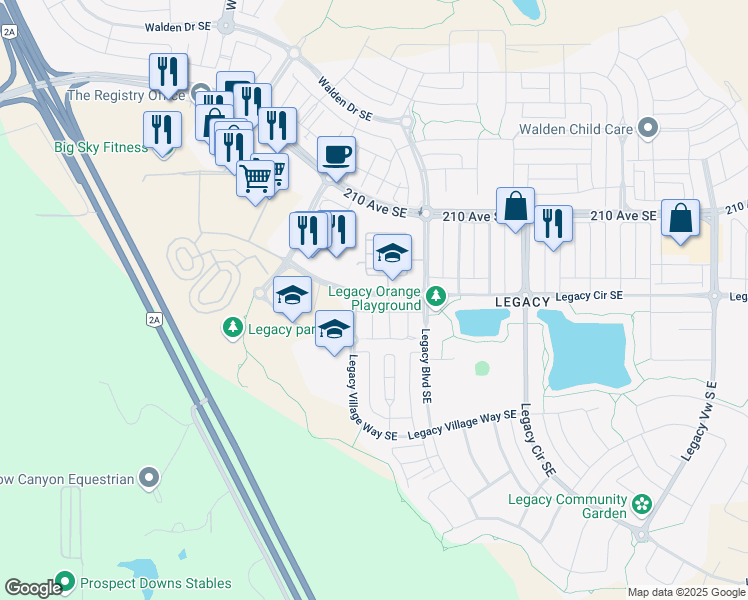 map of restaurants, bars, coffee shops, grocery stores, and more near 151 Legacy Main Street Southeast in Calgary