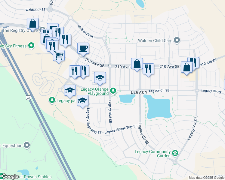 map of restaurants, bars, coffee shops, grocery stores, and more near 150 Legacy Main Street Southeast in De Winton