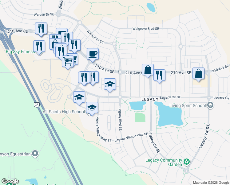 map of restaurants, bars, coffee shops, grocery stores, and more near 150 Legacy Main Street Southeast in Calgary