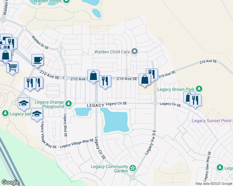 map of restaurants, bars, coffee shops, grocery stores, and more near Legacy Crescent Southeast in Calgary