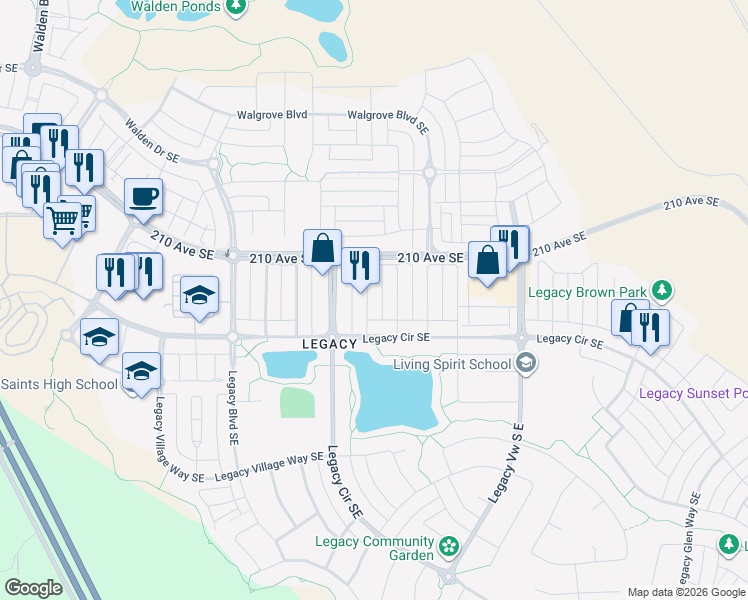 map of restaurants, bars, coffee shops, grocery stores, and more near 192 Legacy Crescent Southeast in De Winton