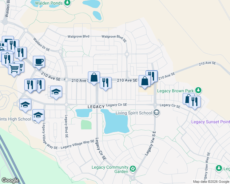 map of restaurants, bars, coffee shops, grocery stores, and more near 192 Legacy Crescent Southeast in De Winton