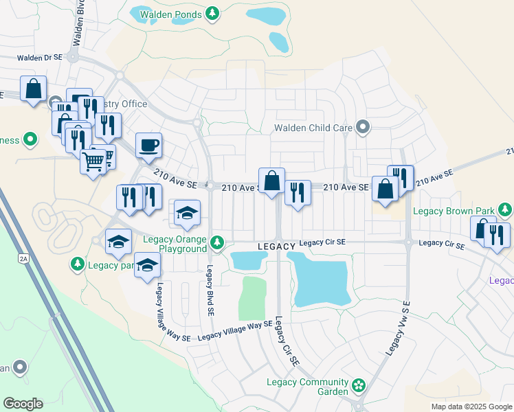 map of restaurants, bars, coffee shops, grocery stores, and more near 179 Legacy Mews Southeast in Calgary