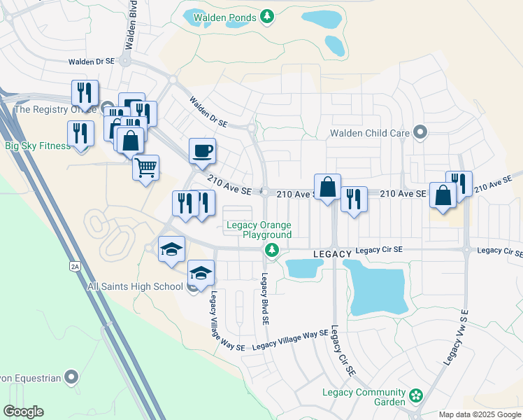 map of restaurants, bars, coffee shops, grocery stores, and more near 2417-81 Legacy Boulevard Southeast in Calgary