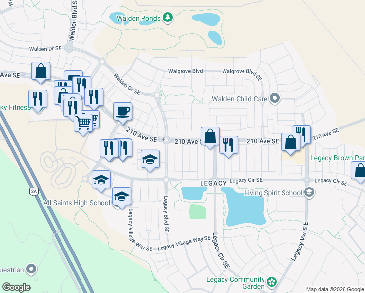 map of restaurants, bars, coffee shops, grocery stores, and more near Legacy Mews in De Winton