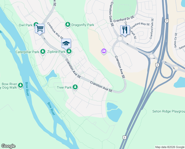 map of restaurants, bars, coffee shops, grocery stores, and more near 132 Cranbrook Square Southeast in Calgary