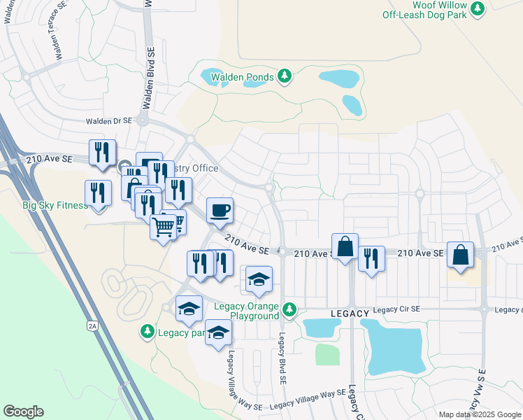 map of restaurants, bars, coffee shops, grocery stores, and more near 104 Walgrove Drive Southeast in Calgary