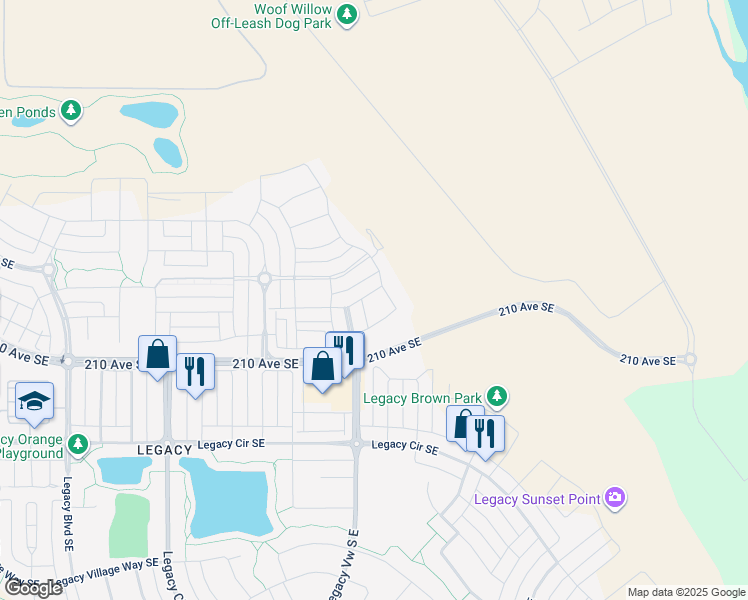 map of restaurants, bars, coffee shops, grocery stores, and more near 25 Walcrest Way Southeast in Calgary