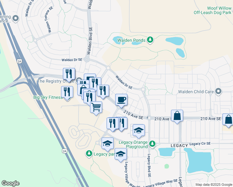 map of restaurants, bars, coffee shops, grocery stores, and more near 35 Walgrove Walk Southeast in Calgary