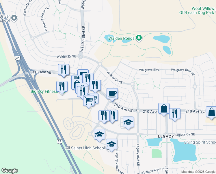 map of restaurants, bars, coffee shops, grocery stores, and more near 35 Walgrove Walk Southeast in Calgary