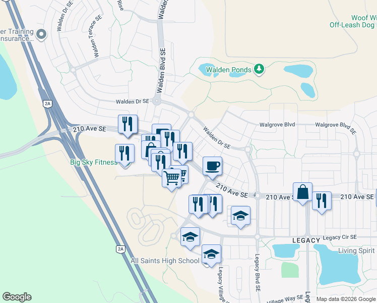 map of restaurants, bars, coffee shops, grocery stores, and more near 30 Walgrove Walk Southeast in Calgary