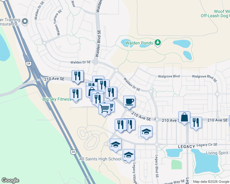 map of restaurants, bars, coffee shops, grocery stores, and more near 30 Walgrove Walk Southeast in Calgary