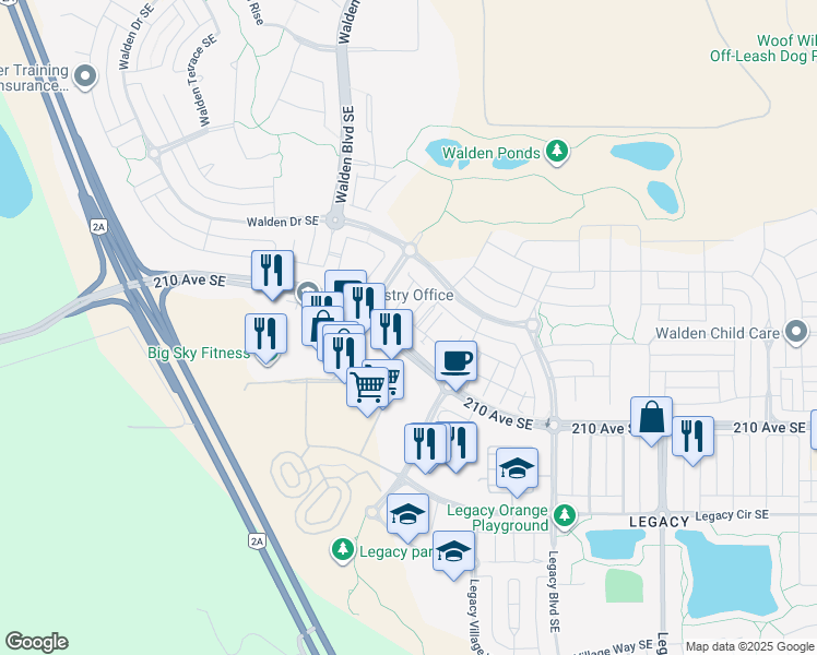 map of restaurants, bars, coffee shops, grocery stores, and more near 30 Walgrove Walk Southeast in Calgary
