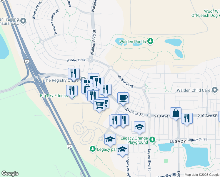 map of restaurants, bars, coffee shops, grocery stores, and more near 30 Walgrove Walk Southeast in Calgary
