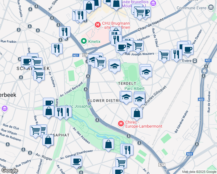 map of restaurants, bars, coffee shops, grocery stores, and more near 75 Avenue Gustave Latinis in Schaerbeek