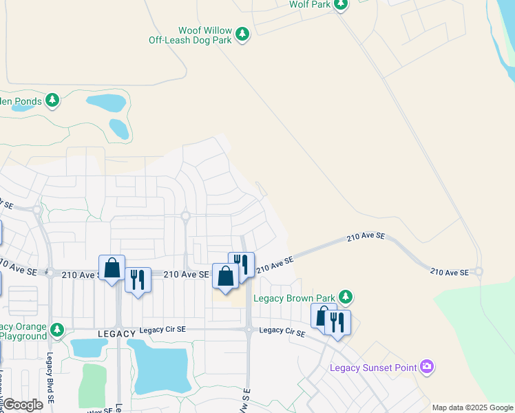 map of restaurants, bars, coffee shops, grocery stores, and more near 25 Walcrest Way Southeast in Calgary