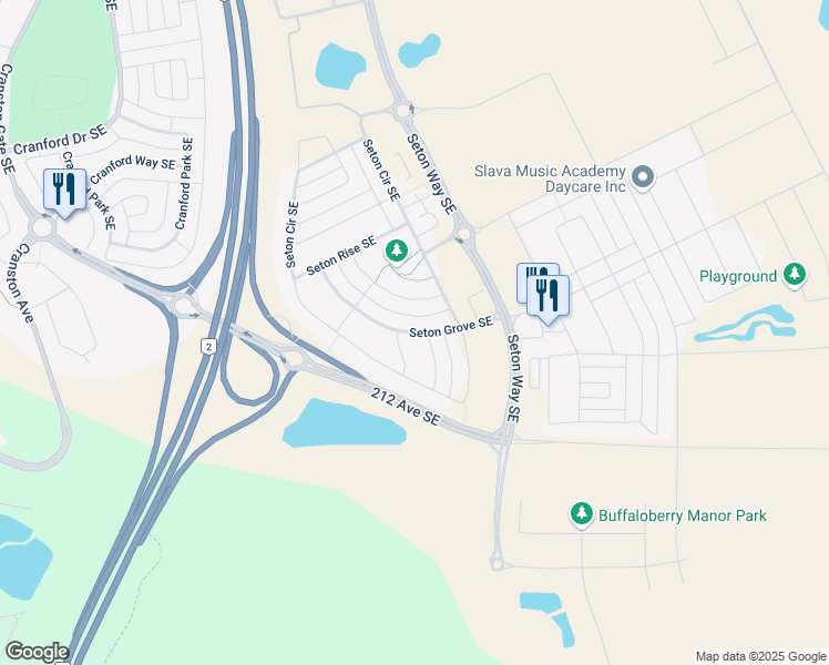 map of restaurants, bars, coffee shops, grocery stores, and more near Seton Grove Southeast in Calgary