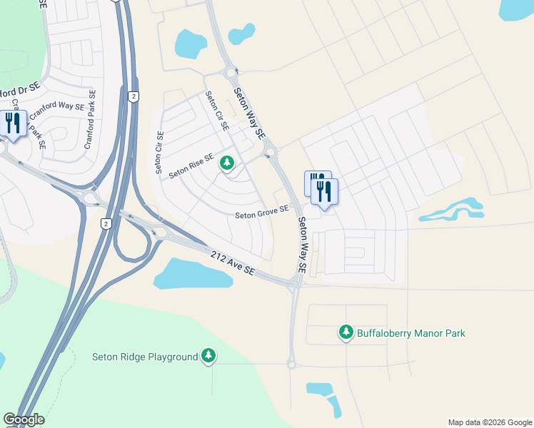 map of restaurants, bars, coffee shops, grocery stores, and more near 503 Seton Circle Southeast in Calgary