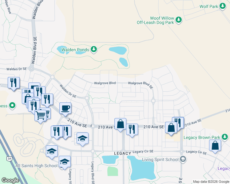 map of restaurants, bars, coffee shops, grocery stores, and more near 51 Walgrove Way Southeast in Calgary