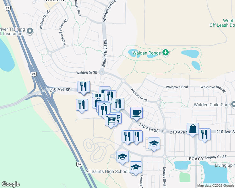 map of restaurants, bars, coffee shops, grocery stores, and more near 20 Walgrove Walk Southeast in Calgary