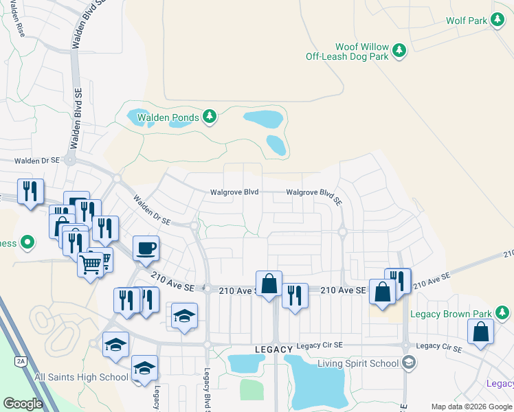 map of restaurants, bars, coffee shops, grocery stores, and more near 51 Walgrove Way Southeast in Calgary
